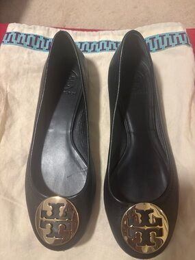 Tory Burch Black Leather Ballet Flats with Gold Logo Medallions perfect